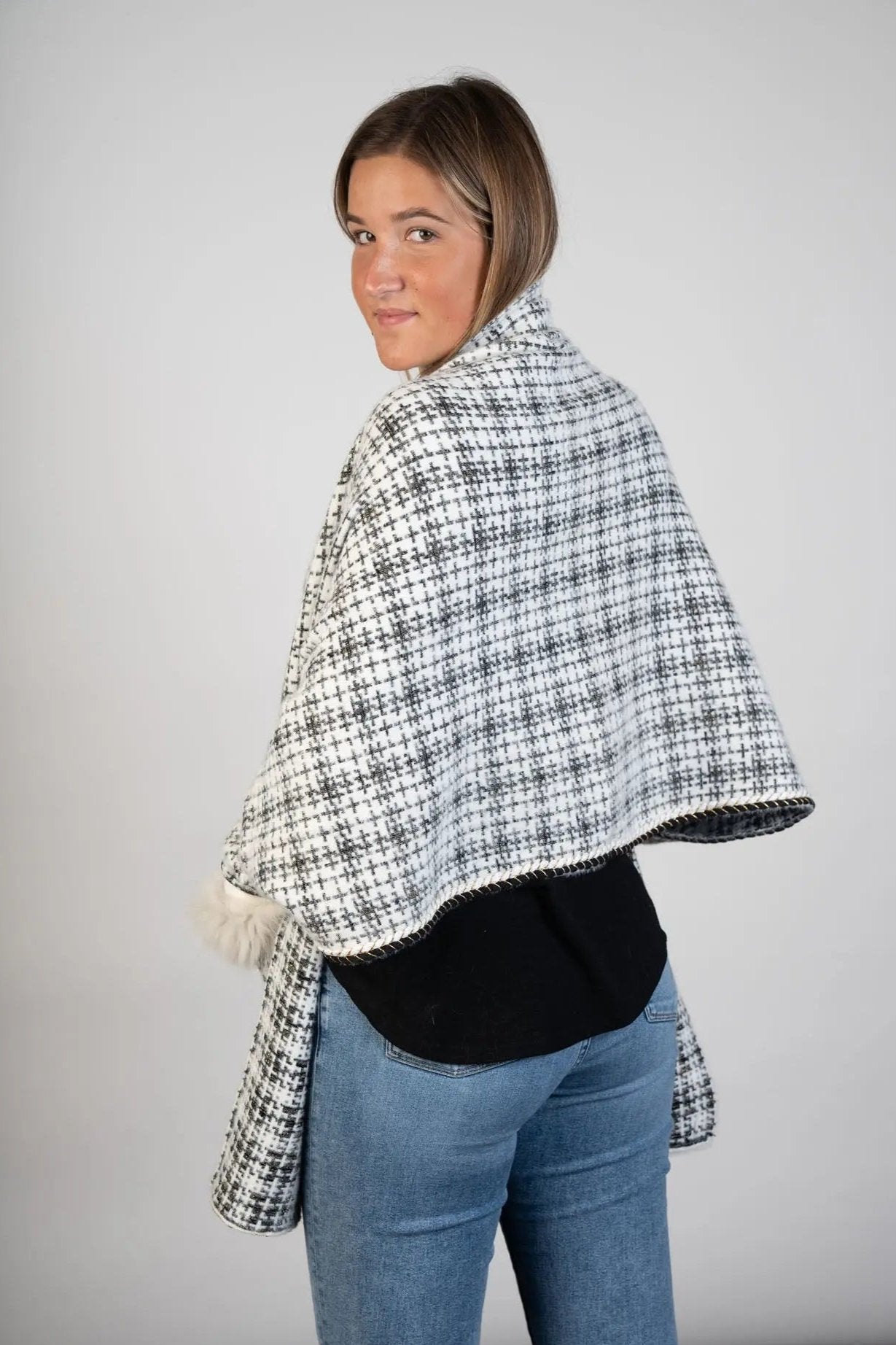 Chanel-Inspired Tweed Knitted Cardigan with Gold Detailing and Fox