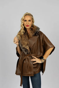 Leather Cape with Belt and Fox Collar