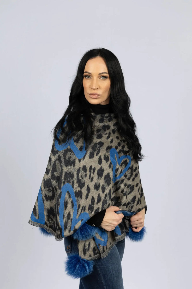 Wide Woven Leopard Print Scarf with Hearts and Fox Poms