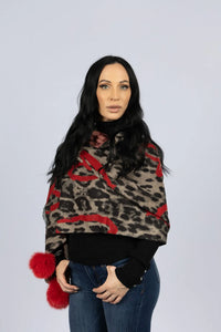 Wide Woven Leopard Print Scarf with Hearts and Fox Poms