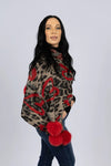 Wide Woven Leopard Print Scarf with Hearts and Fox Poms