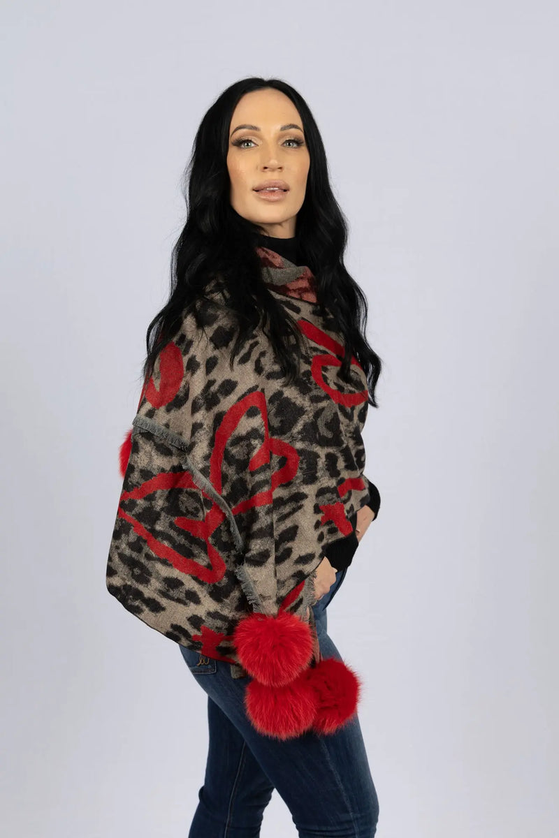 Wide Woven Leopard Print Scarf with Hearts and Fox Poms