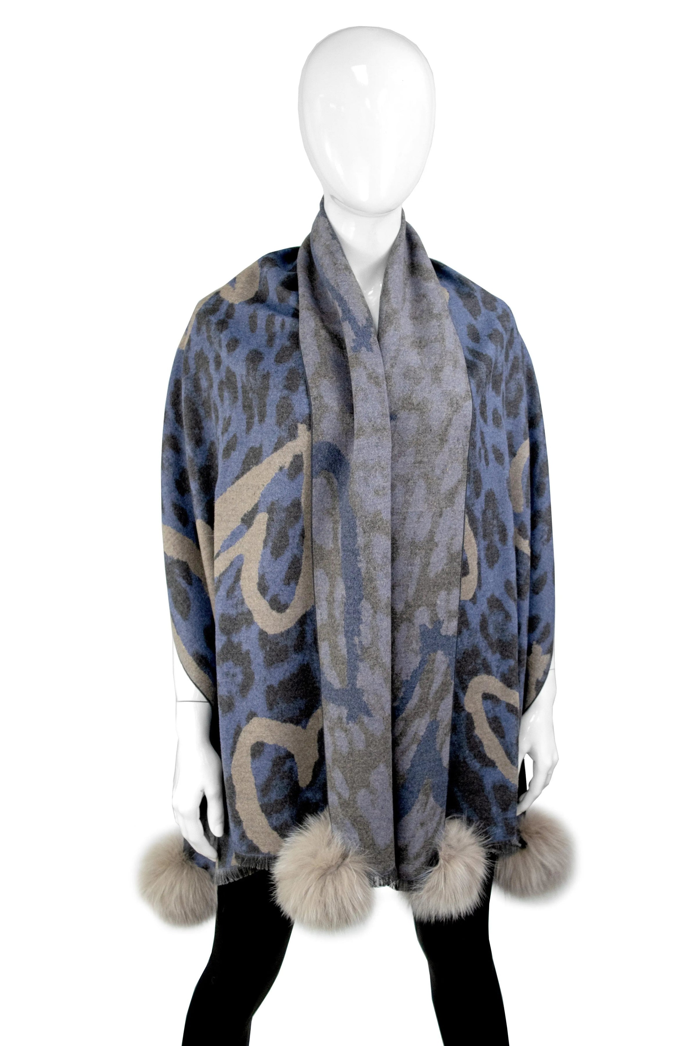 Wide Woven Leopard Print Scarf with Hearts and Fox Poms