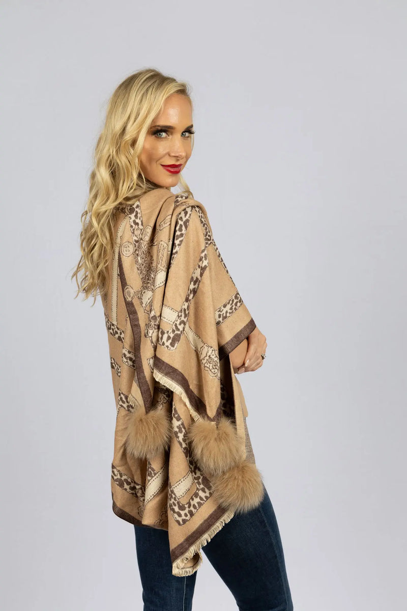 Woven Scarf with Animal Print and Belt Design with Fox poms