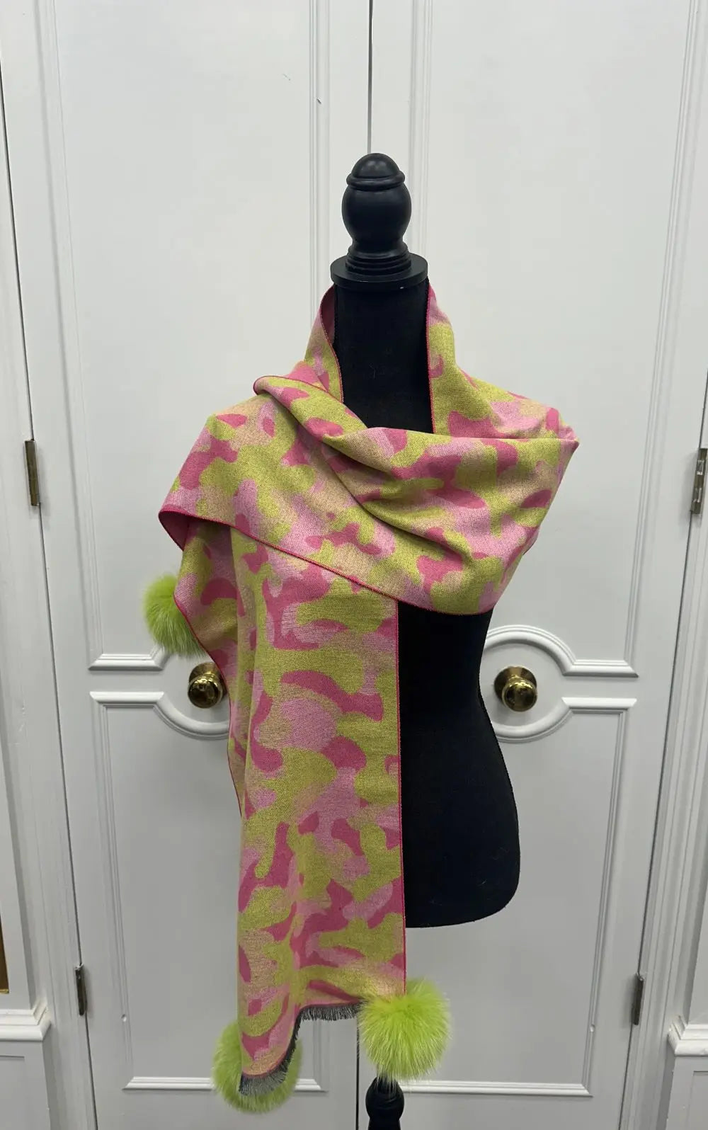 LaBelle New Collections Pink Camo Woven Scarf w/ PomPoms