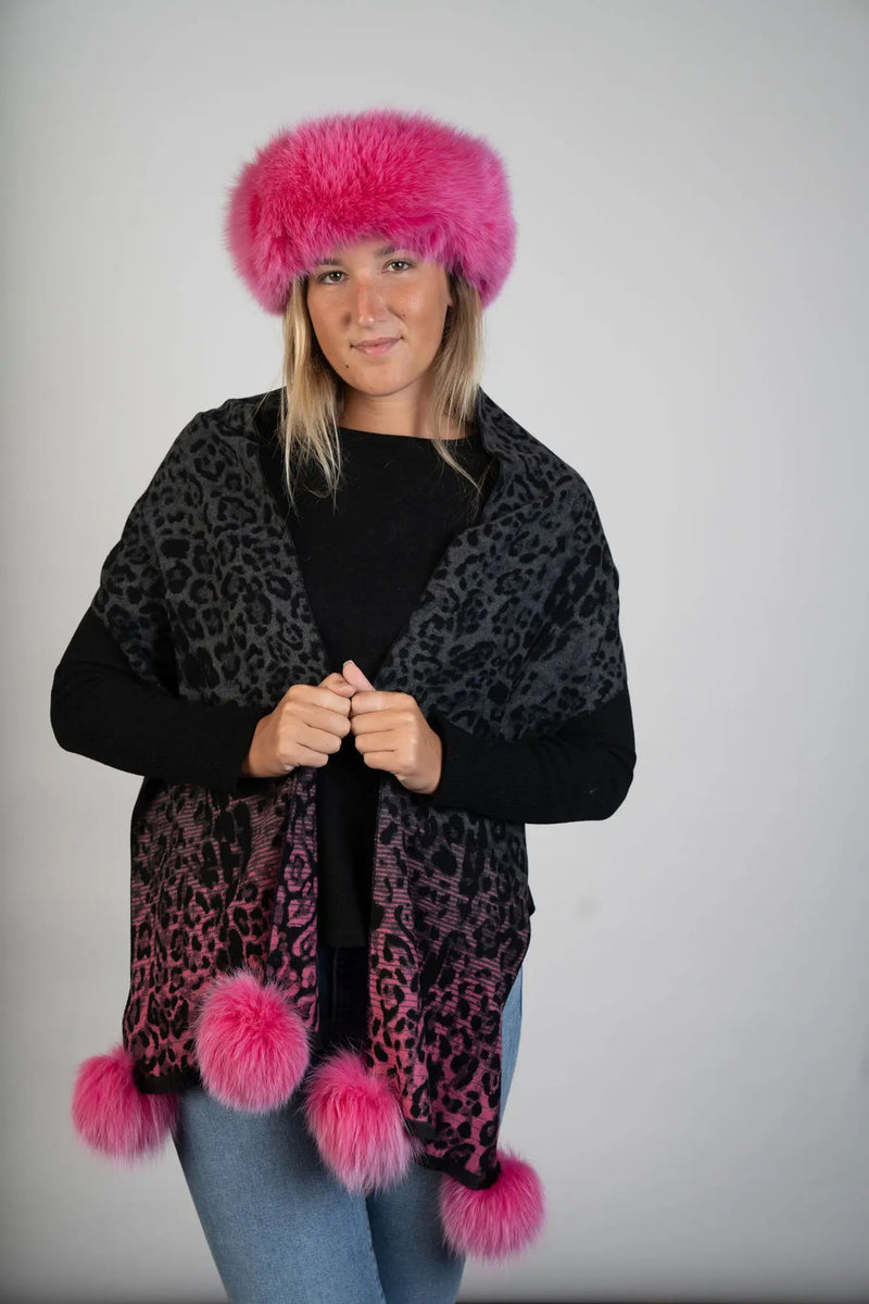 Fushia Woven Leopard Printed Scarf w/ PomPoms