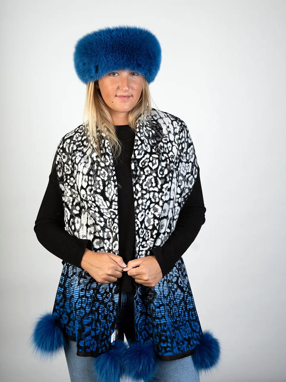 LaBelle New Collections Electric Blue Woven Leopard Print Scarf w/ PomPoms