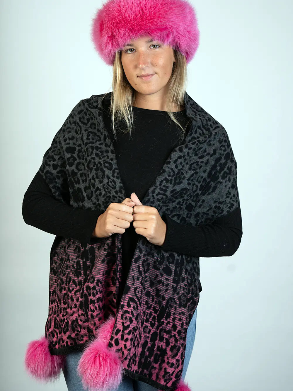 LaBelle New Collections Fushia Woven Leopard Printed Scarf w/ PomPoms