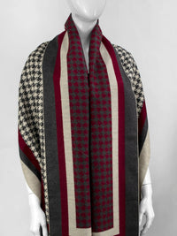 LaBelle New Collections Wine & Beige Houndstooth Scarf w/ PomPoms