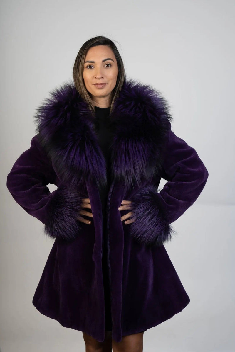 Purple Sheared Mink Stroller W/Purple Dyed Silver Fox Shawl Collar & Cuffs