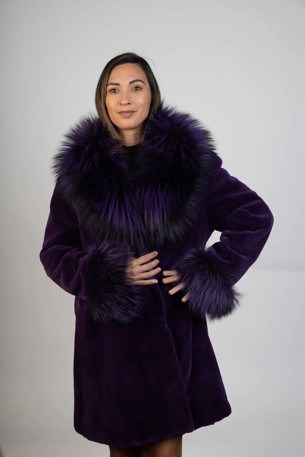 Purple Sheared Mink Stroller W/Purple Dyed Silver Fox Shawl Collar & Cuffs