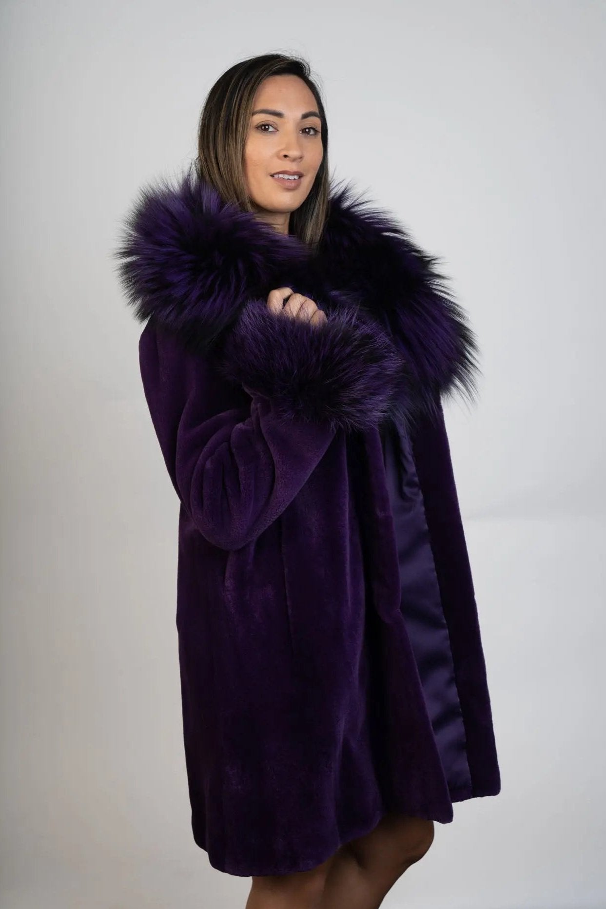 Purple Sheared Mink Stroller W/Purple Dyed Silver Fox Shawl Collar & Cuffs