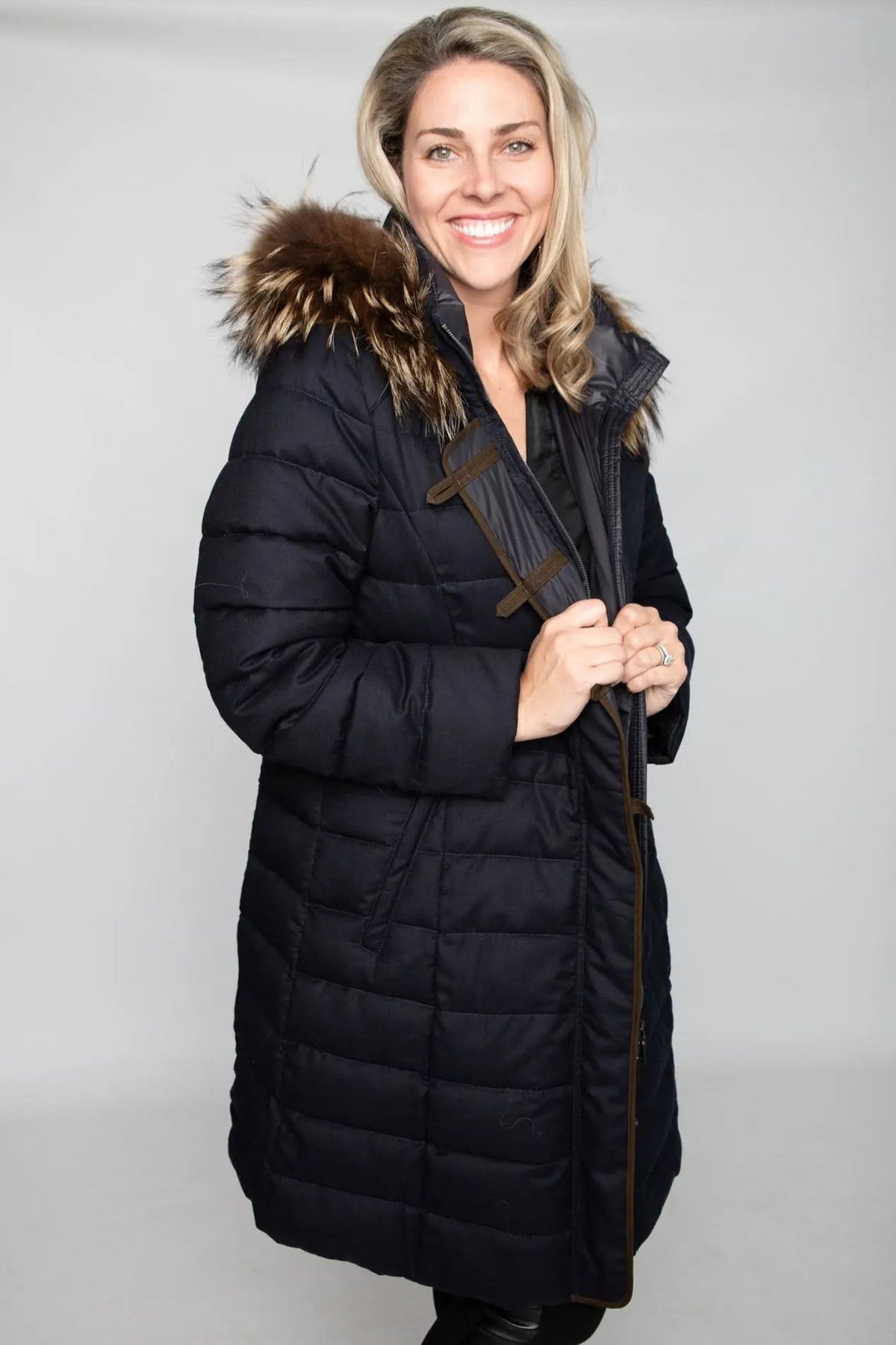 LaBelle Since 1919 Navy Anouschka Coat w/ Raccoon Trim