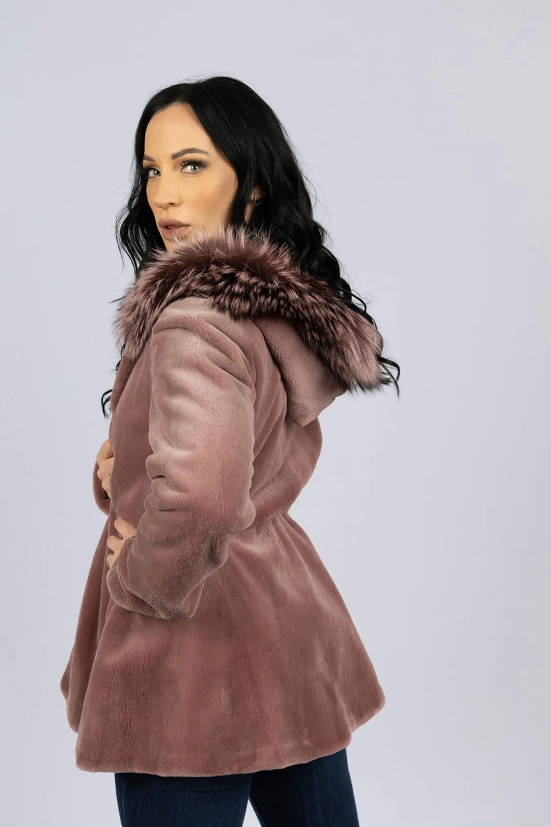Dyed Rose Petal Sheared Mink Jacket with Fox Trimmed Hood LaBelle Since 1919 Dyed Rose Petal Sheared Mink Jacket with Fox Trimmed Hood LaBelle Since 1919