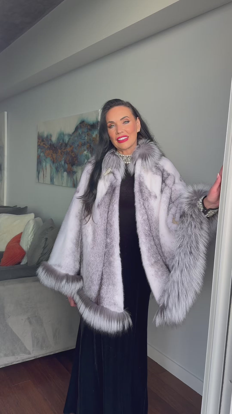 Black Cross Mink Cape with Silver Fox Trim
