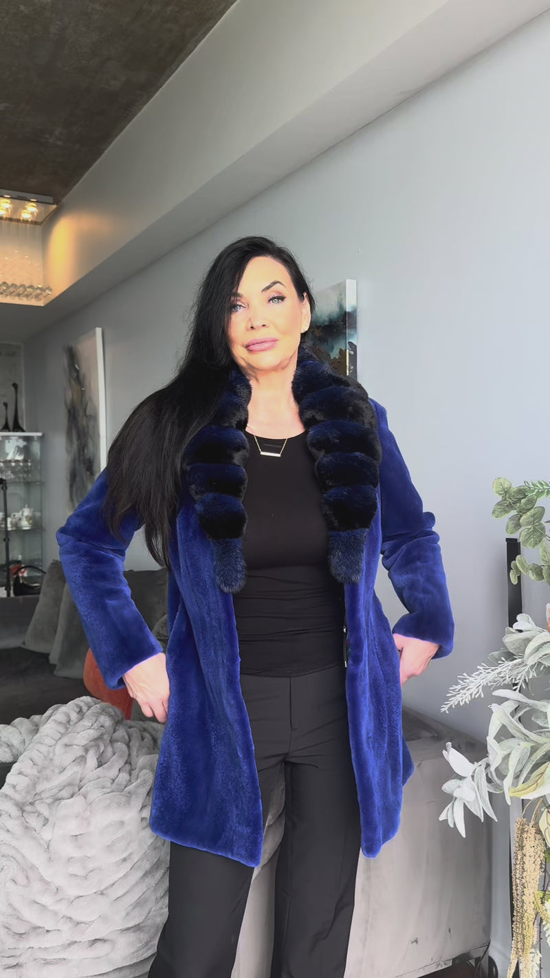 Cobalt Blue Sheared Mink Stroller with Chinchilla Collar