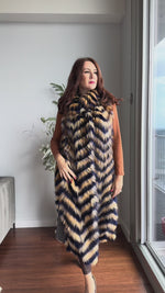 New Blue and Gold Fox Fur Feather Long Vest