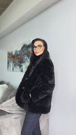 New Black Sheared Mink Fur Reversible Jacket with Rex Rabbit Trim