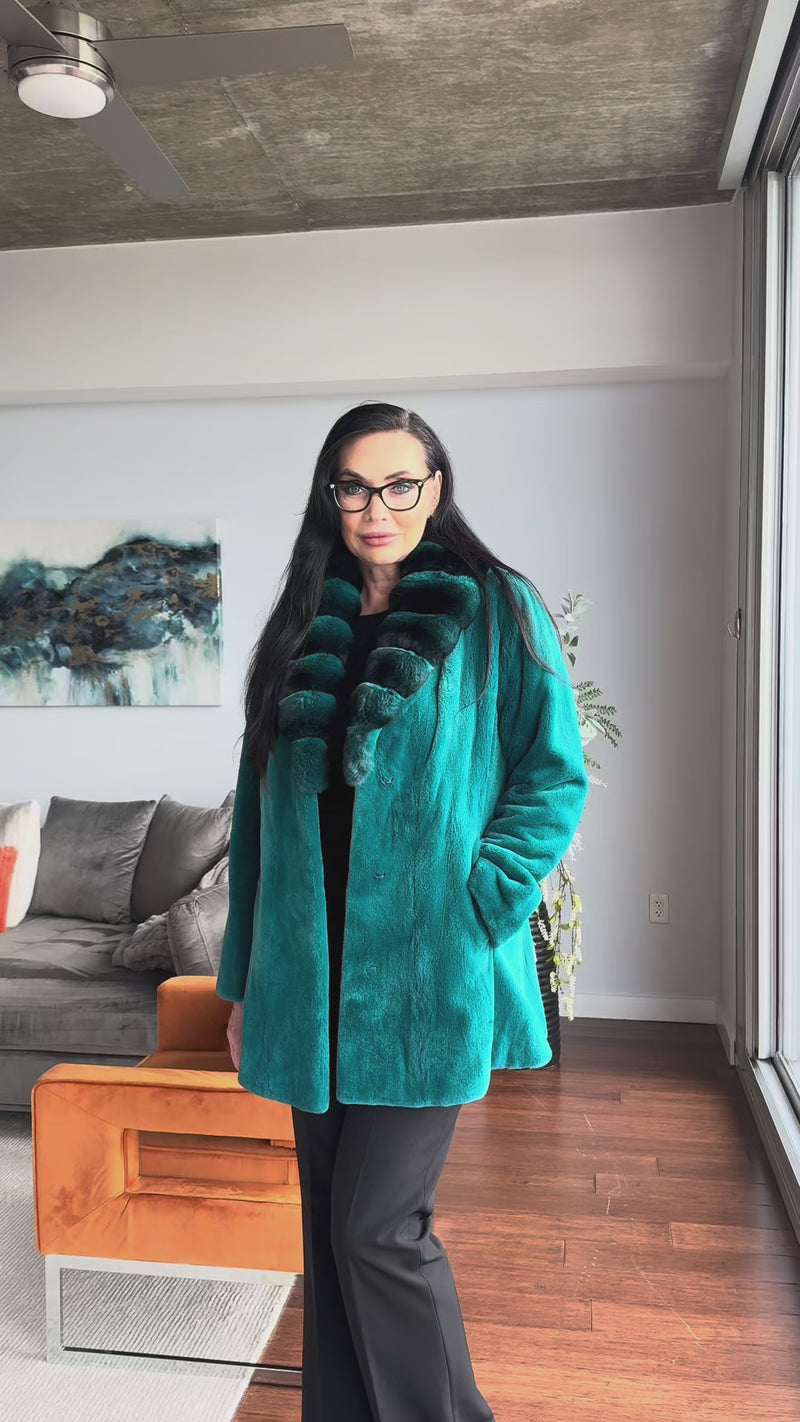 Teal Sheared Mink Jacket with Chinchilla Collar