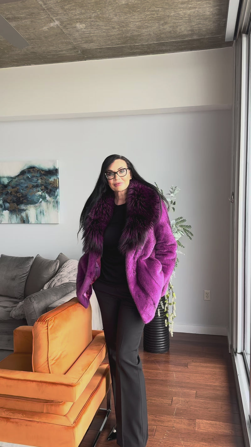 Magenta Black Cross Mink Jacket with Fox Collar