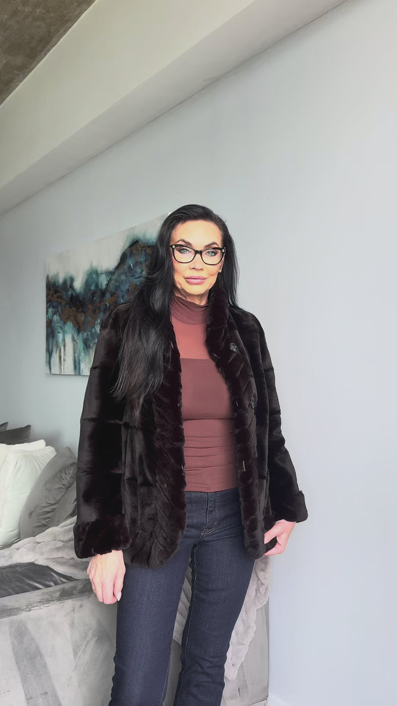 Brown Sheared Mink Reversible Jacket with Rexx Rabbit Trim