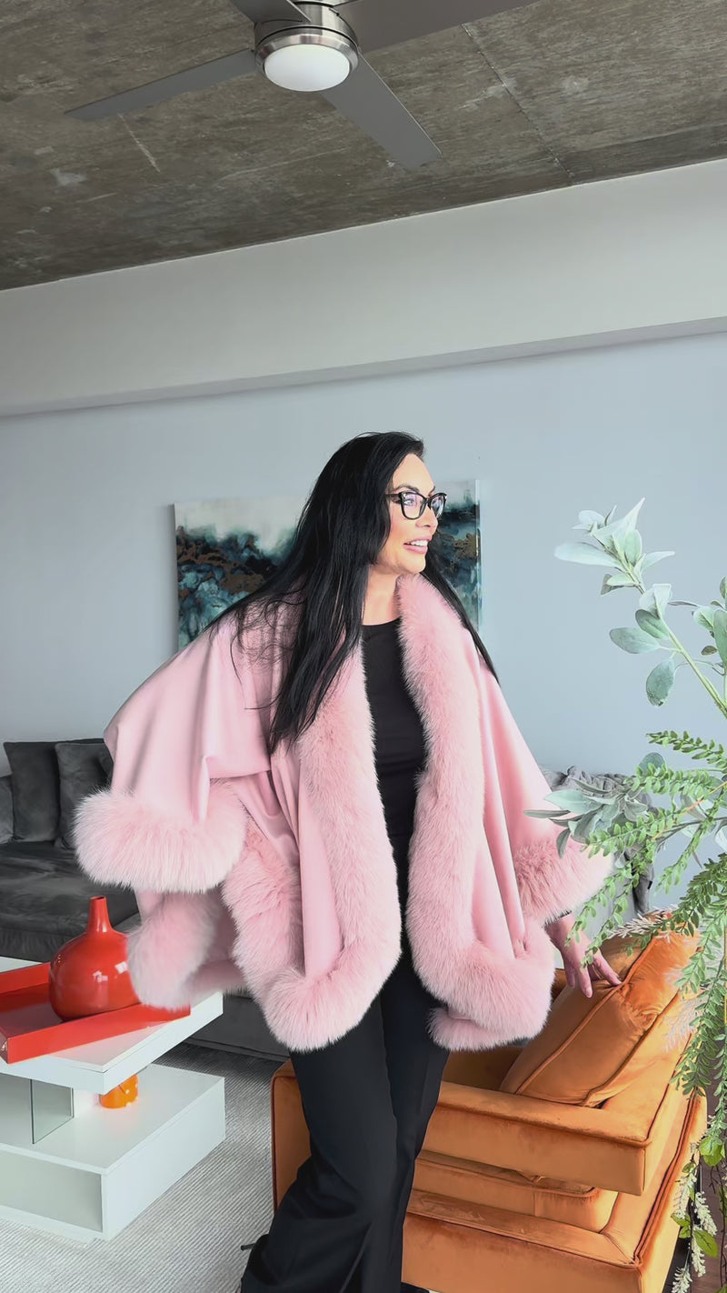 Dusty Rose 100% Cashmere Cape with Fox Trim